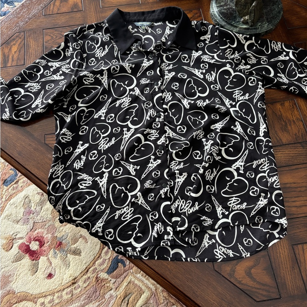 Black and White Graphic Button-Up Shirt